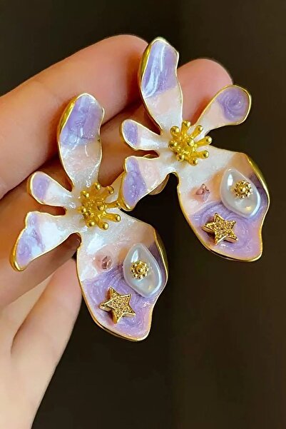 BirYıldızOl Pearl Starfish Detailed Design Flower Earrings