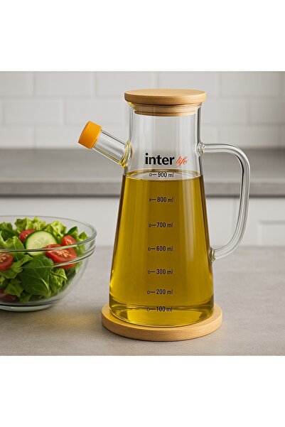 İnterlife Borosilicate 900 ml Oil Pot Bohemian Kitchen Decorative Oil Pot with Bamboo Base and Cover Leak Proof