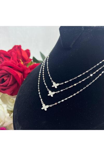 Victoria Yonca Kadın Üçlü Kolye 925 Ayar Gümüş Zincirli Rodyumlu Zirkon Taşlı