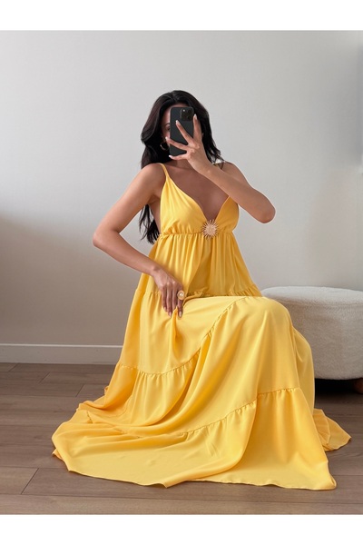LOCH BUTİK Women's Yellow Brooch Gathered Maxi Dress