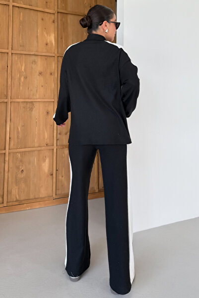 Know Kadın Siyah V Yaka Siyah Çizgi Detaylı Kazak Alt-Üst Pantolonlu Takım
