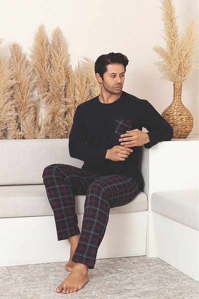 Sude HOMEWEAR Men's Plaid Pocket Long Sleeve Pajama Set