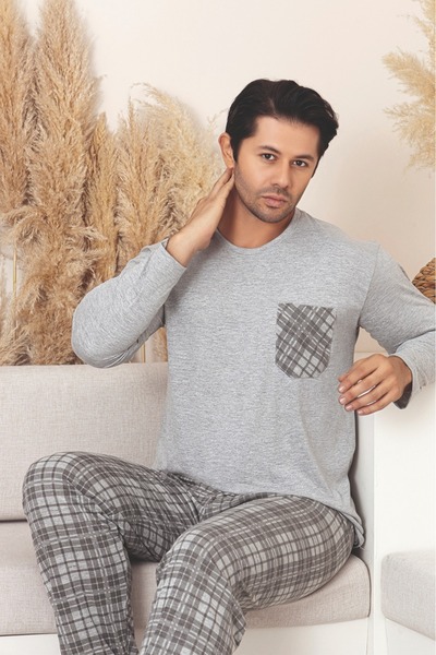 Sude HOMEWEAR Men's Plaid Pocket Long Sleeve Pajama Set