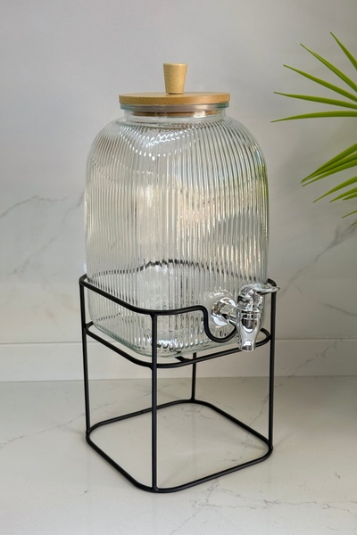 Albergio 3,75 Litre Cam Şerbetlik Sebil | Standlı Vakumlu Bambu Kapaklı Su ve...