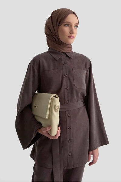 Armine Women's Belted Linen Suit 25Kd1104 Bitter Brown - Stylish and Modern Hijab Combination