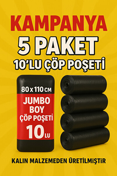 MERİP PLASTİK ÇÖP TORBASI- 5 PAKET- 10 LU- JUMBO BOY- 80X110 CM - J400- SİYAH KALIN ÇÖP POŞETİ