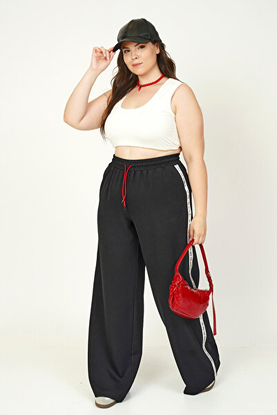 Büyük Moda YANI ŞERİTLİ GENİŞ PAÇA PANTOLON