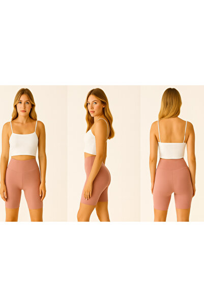 pantofashion Kadın Yüksek Bel Ribana Şort - Pudra Pembe Spor ve Günlük Kullanım