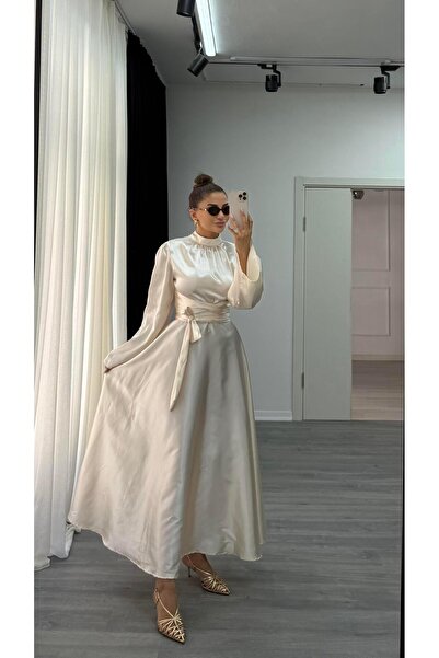 Daves Spanish Sleeve Waist Wrap Satin Hijab Evening Dress Gold -