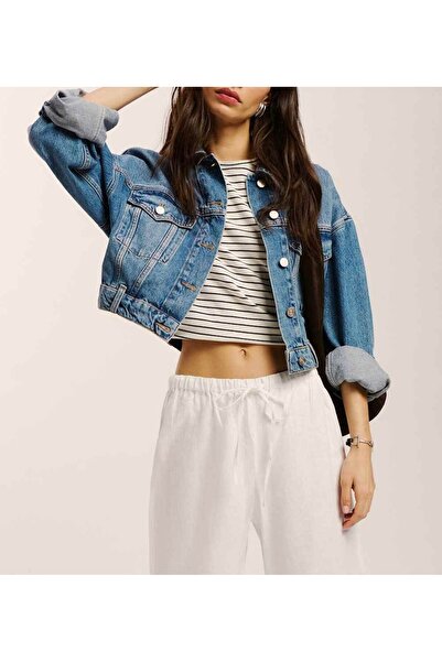 Vera Tekstil Kadın Mavi Crop Denim Kot Ceket – Uzun Kollu Düğmeli Şık Model