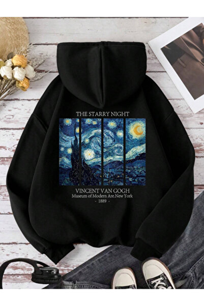 Revasser Unisex Erkek/Kadın VAN GOGH Renkli Özel Baskılı Pamuklu Oversize Kapüşonlu Sweatshirt