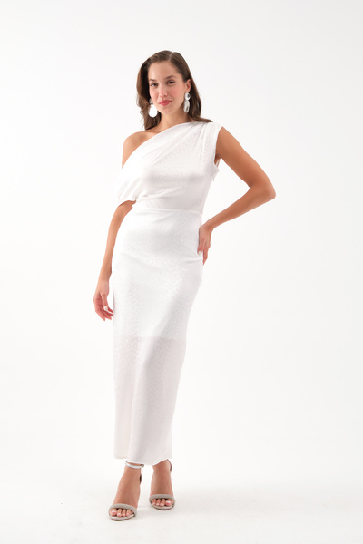 Lafaba Kadın Beyaz Degaje Yaka Desenli Midi Elbise