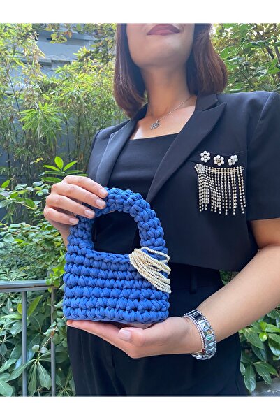 BRC HANDMADE Blue mavi incila serisi inci örgü çanta
