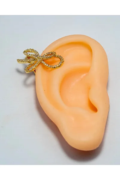 Piercing by Sever Bow Model Ring Chickenfeet Earring Earcuff... with Gold/Gold Color and Transparent Stone.