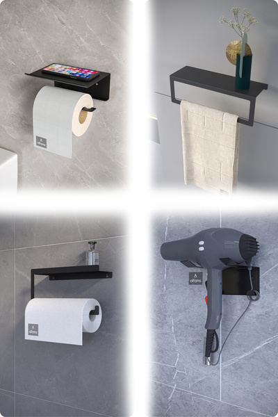 alfams by fmsa Metal Set of 4 |   Toilet Paper Holder + Towel Rack + Paper Towel Holder Kitchen/Bathroom + Blow Dryer Holder