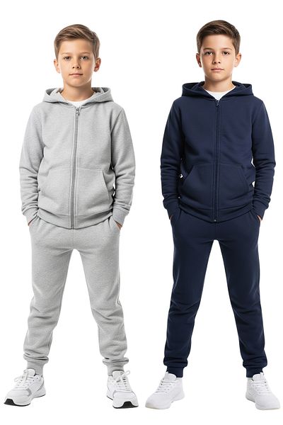 FYK KİDS 2-Piece Zipper Hooded Kangaroo Pocket Solid Printed Boy's Track Suits