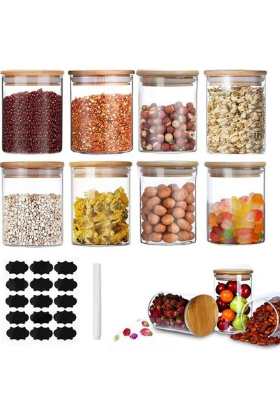 Generic 8-Piece Food Storage Glass Jar with Bamboo Lid Clear 6.5 x 8.5cm