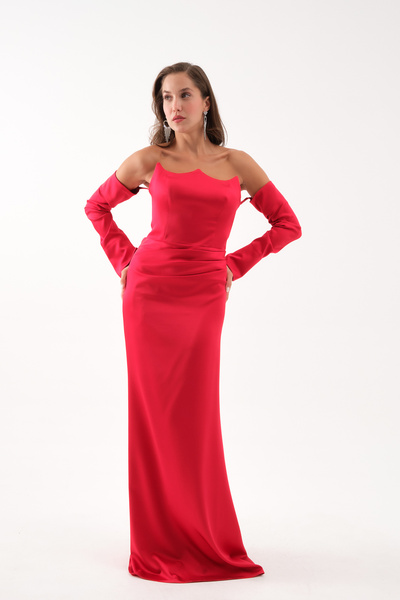 Lafaba Women's Red Sleeve Detail Long Satin Fish Evening Dress