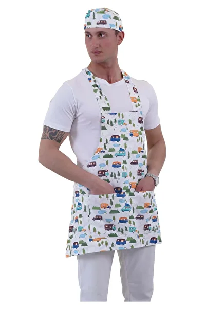 Exve Exclusive Colorful Caravan Nature Themed Caravaner Apron Apron Chef Barista Cook Hat Kitchen Set