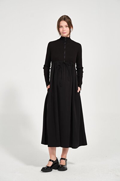 BUSA Maternity Lace-Up Waist Long Sleeve Midi Length Dress Black