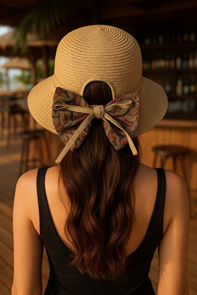 LAGRANZE Women's Scarf Detailed Straw Summer Wide Brim Beach Hat