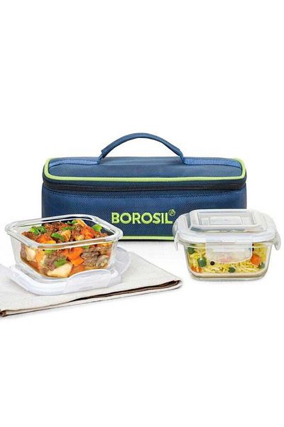 Generic BOROSIL Borosil Klip n Store Lunchbox with Bag Set of 2 320ml Each , Square Borosilicate Glass, Hor