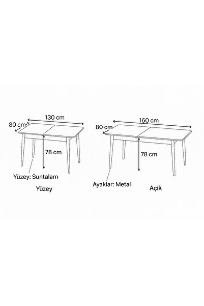 DENGEMA Berlin Açılır Dikdörtgen Masa – Gri Mermer, Siyah Ayak, 80×130 → 160 cm (Sandalyesiz, 4–6 Kişilik)