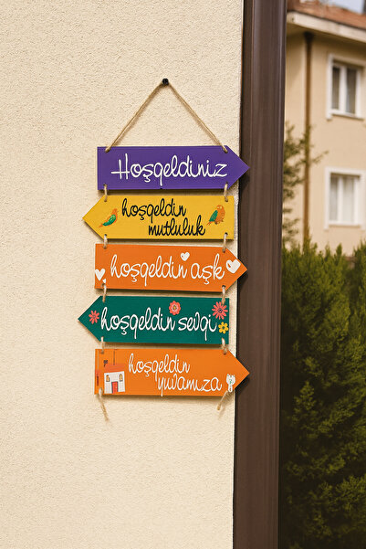 EVİMDM Renkli Karşılama Tabelası – Hoşgeldiniz Yazılı 5’li Ahşap Set