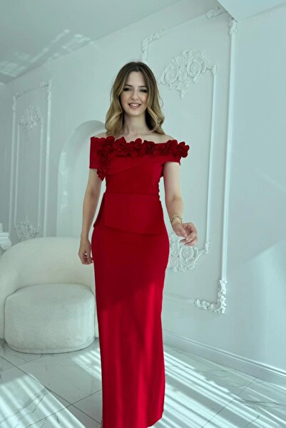 HELİS BUTİK Rochie de seară roșie cu guler Madonna cu detalii florale 3D