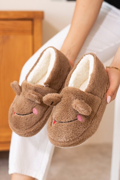ALTUNTAŞ Winter Women's Home Shoes Slippers Booties Frog Figured Anti-Slip Sole Brown