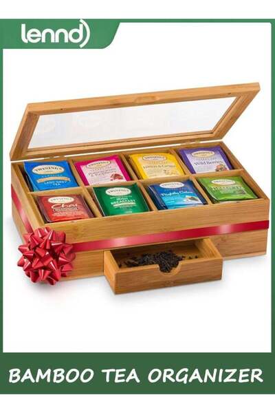 Generic LENND Bamboo Tea Bag Organizer Storage Box with Drawer & Acrylic Window - Magnetic Lid Keeps Conten