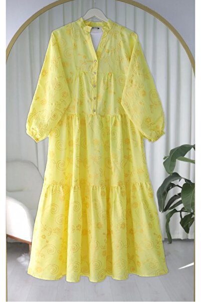 Genel Markalar Kolu Lastikli Yarım Düğmeli Jakar Baskılı Parçalı Elbise -Sarı