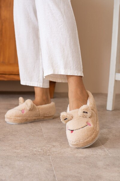 ALTUNTAŞ Winter Women's Home Shoes Slippers Booties Frog Figured Non-Slip Sole Beige