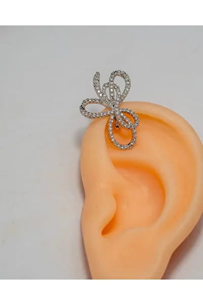 Piercing by Sever Bow Model Ring Chickenfeet Earring Earcuff... Silver/Silver Color and Transparent Stone.