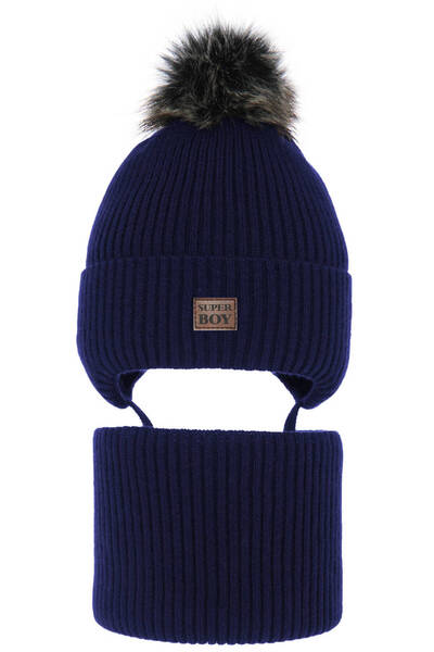 fantasialand Winter Set for Boys: Navy Blue Hat and Circular Scarf with Pompon, Denzel Model