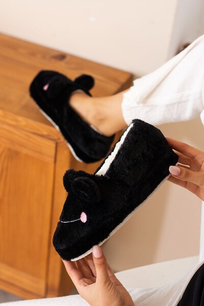 ALTUNTAŞ Winter Women's Home Shoes Slippers Booties Frog Figured Anti-Slip Sole Black