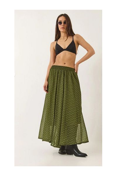 Namaste Vintage Khaki Print Asymmetric Model Long Chiffon Skirt with Elastic