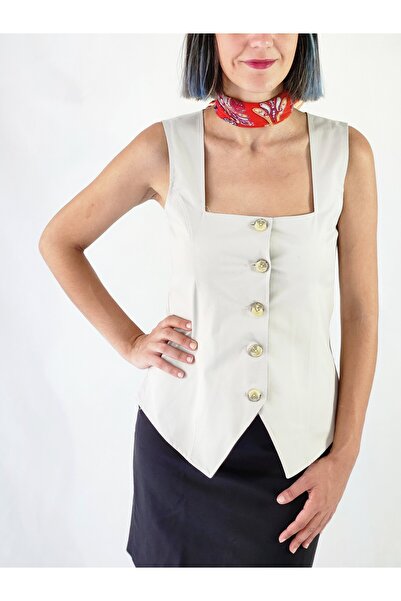 YAXİ Square Collar Unlined Cream Woven Vest