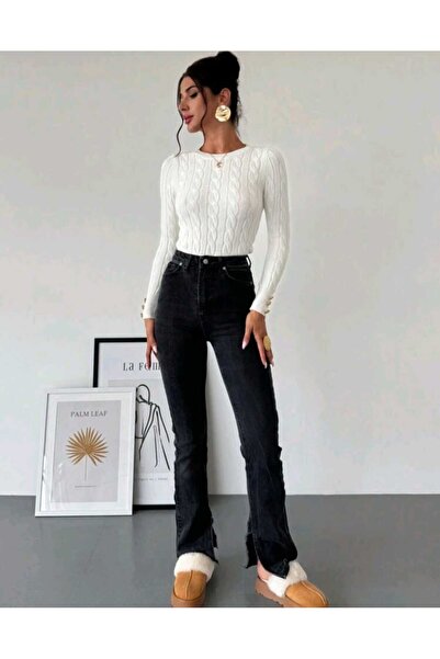 FIRAT kadın Kol Düğme ve Saç Örgü Detaylı Kadın Triko Kazak