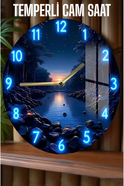 kutuTR Gece Nehir Manzaralı 3D Görünümlü Temperli Cam Saat – 33 cm CSDW365