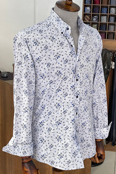 NAZEF Dar Kesim Yüksek Kalite Desenli Pamuk Mavi Gömlek