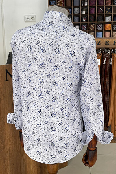 NAZEF Dar Kesim Yüksek Kalite Desenli Pamuk Mavi Gömlek