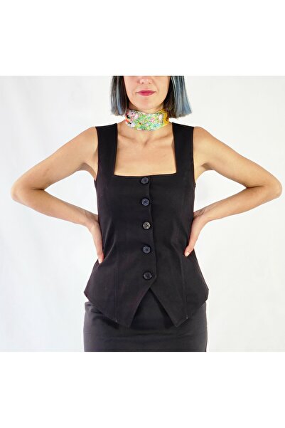 YAXİ Square Collar Unlined Black Woven Vest