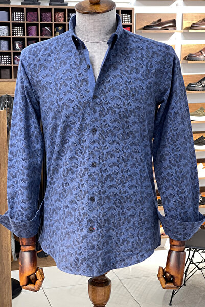 NAZEF Slim Fit Indigo Patterned Cotton Shirt