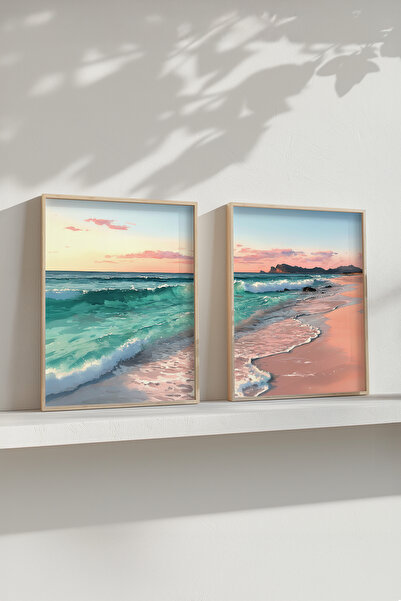 STARYUNA Ahşap Çerçeveli Okyanus Manzaralı Dalgalı Deniz Suluboya Efektli İkili Tablo Seti Yuna371