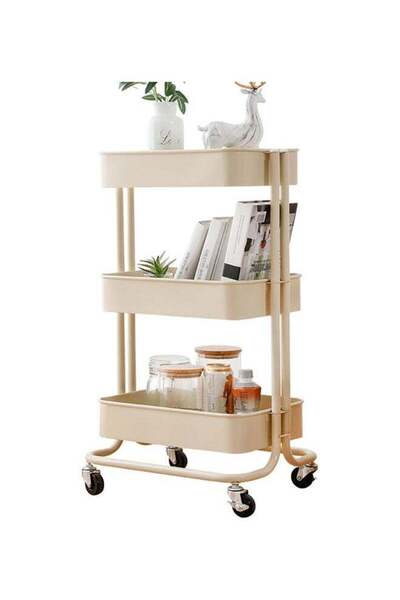 Generic 3-Tier Metal Utility Cart On Wheels Rolling Storage Beige