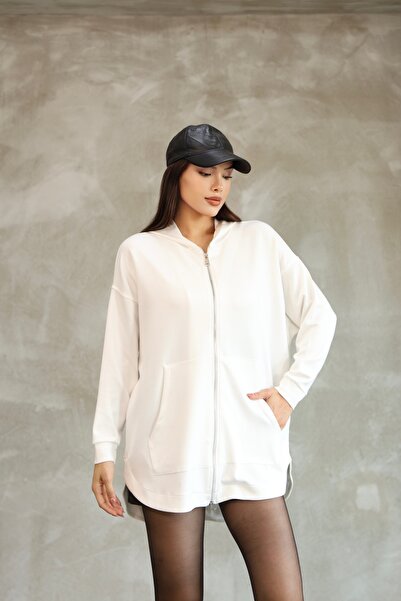 PONÇİK Women's Modal Fabric Hooded Zippered Oversized Cardigan 25518