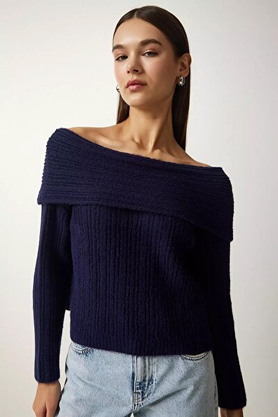 TENA Women's Navy Blue Degaje Collar Ribbed Sweater