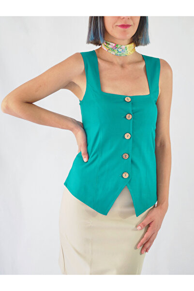 YAXİ Square Collar Unlined Green Woven Vest
