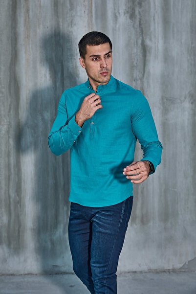 jack carisma Ανδρικό πουκάμισο PETROL GREEN JUDGE COLLAR HALF PAT Lycra λινό υφή βαμβακερό Slim Fit